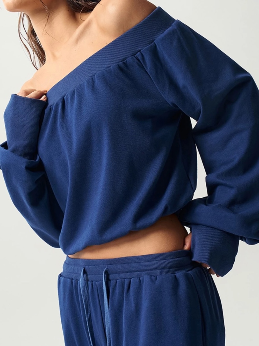 Solid Blue Off Shoulder Long Sleeve Top Wide Leg Pants Set - Picture 5 of 7